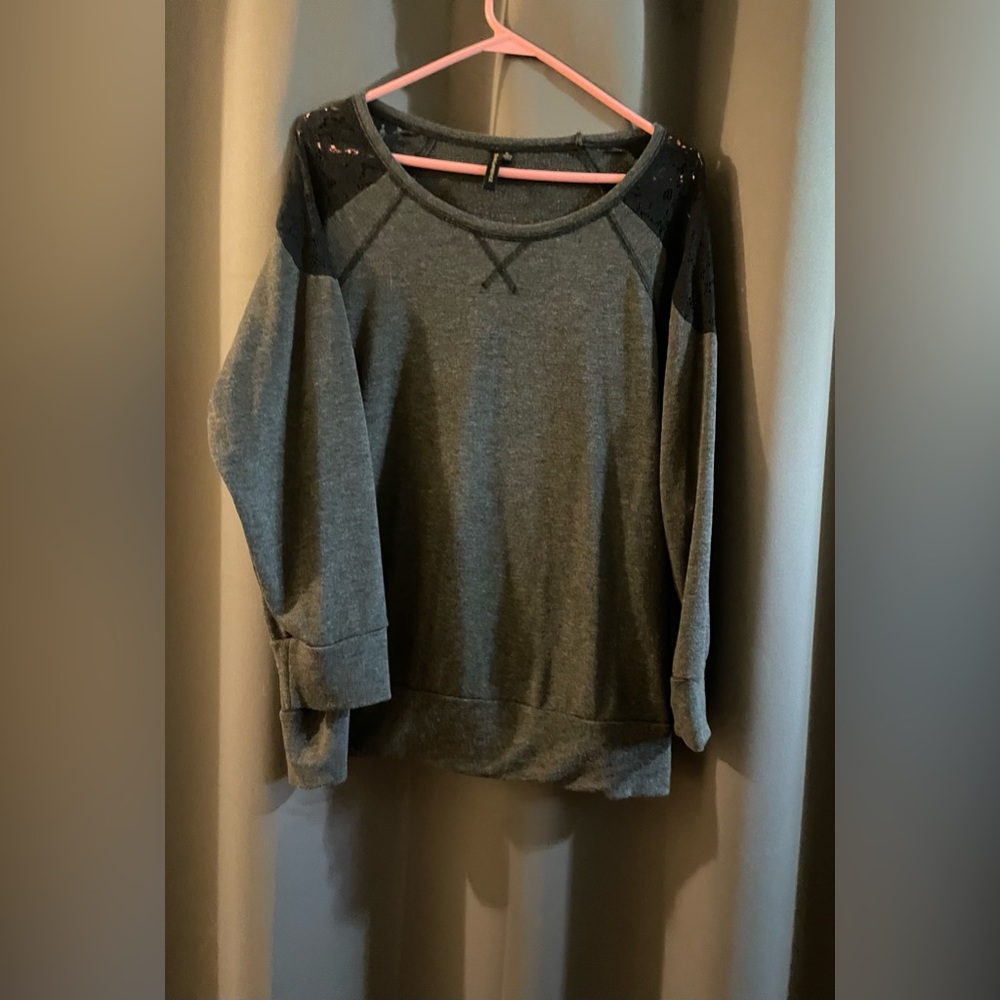 Susan Lawrence Grey Crewneck Sweater with Lace Shoulders -  XL